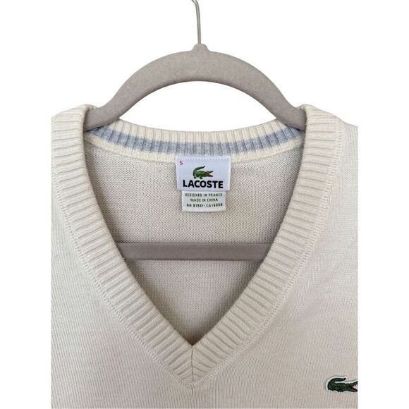 Lacoste Mens Cream V-neck Long Sleeve Ribbed Trim Logo Pullover Sweater Size 5 - Picture 8 of 9